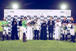 AD 2016: RJI Capital Chairman and Chief Executive Officer Ron Wahid, HH Sheikh Mohammed Nahyan bin Mubarak Al Nahyan and polo player Abdullah Ben Desmail accept the British Polo Day Plate on behalf of the RJI Capital Ghantoot Polo Team